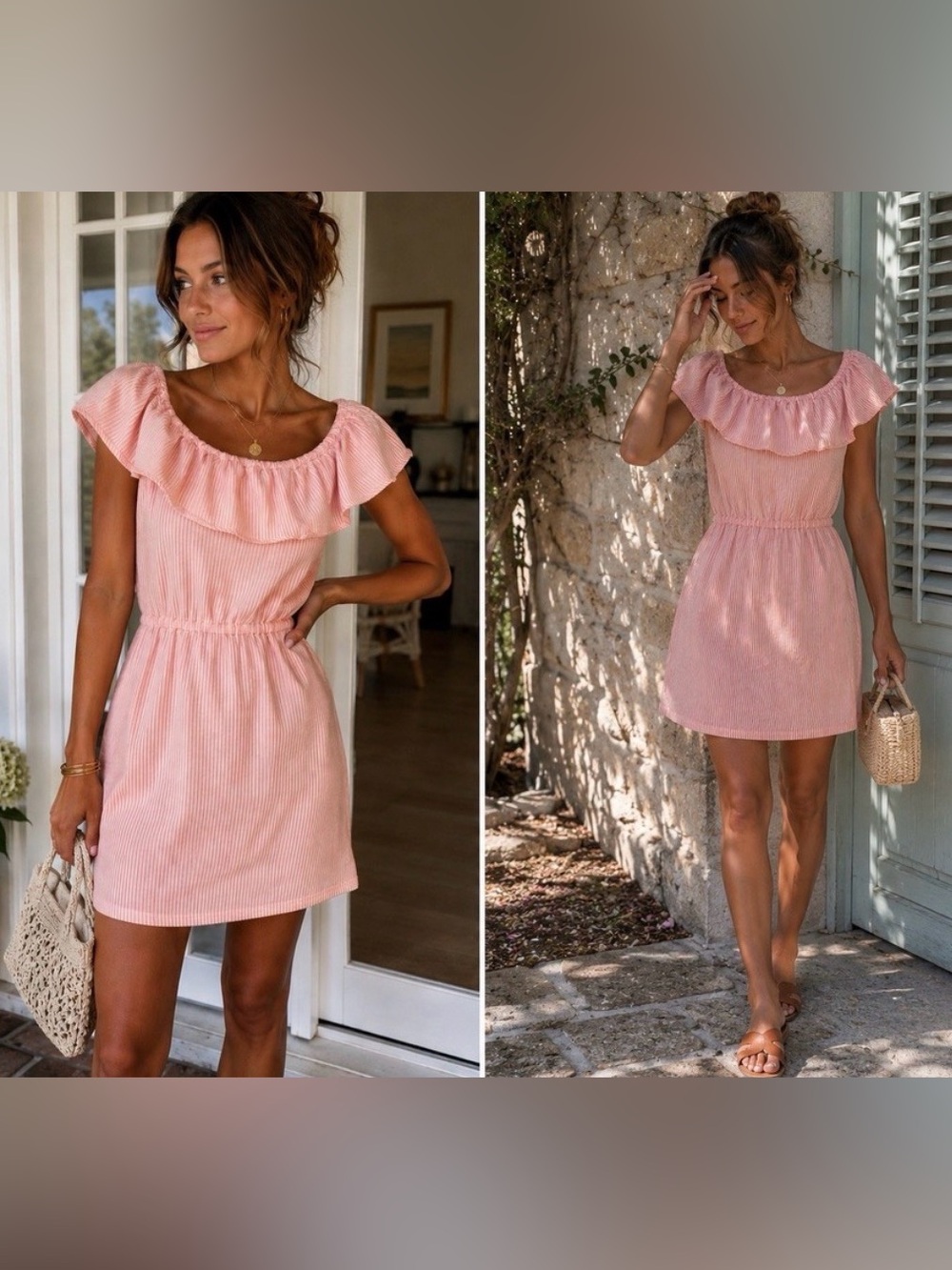 MICHAEL Kors XS Pink Ruffle grapefruit striped pockets off shoulder Mini Dress